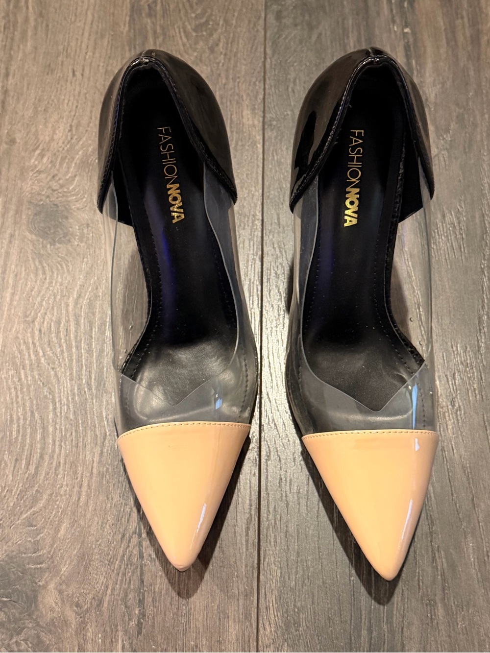 Fashion Nova Black & Nude Patent Pointed Toe Pumps